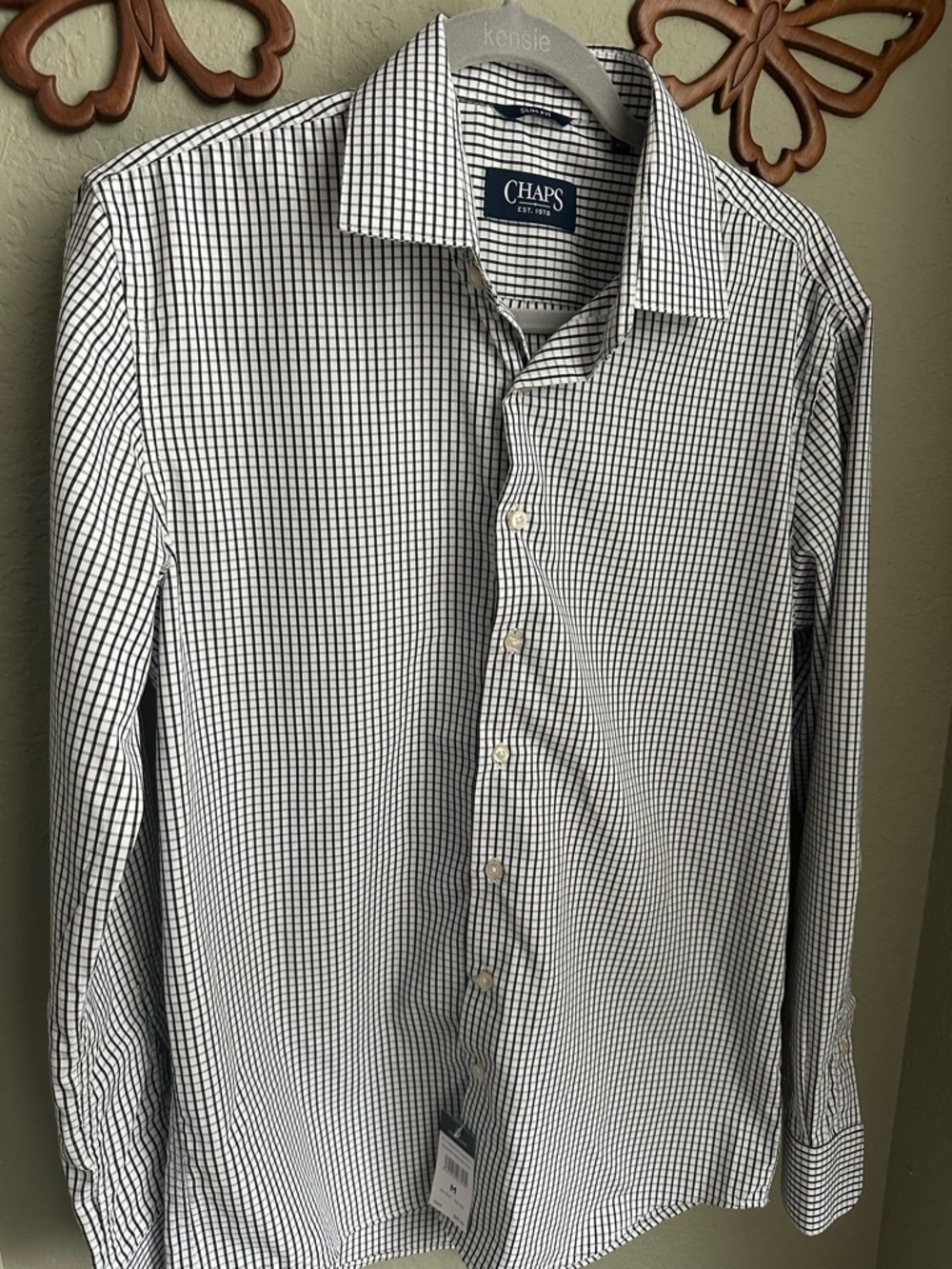 Chaps Men's White and Black Grid-Check Button-Up Shirt